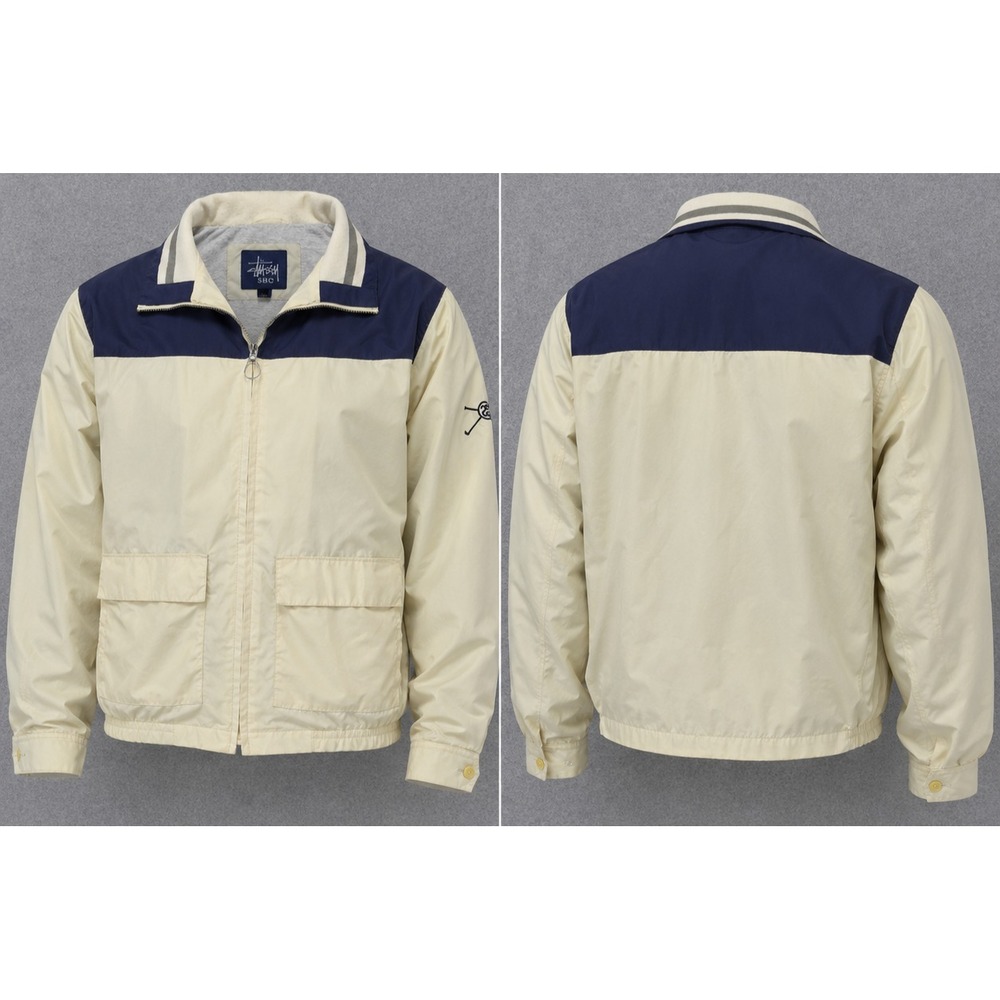 Vintage Stussy 8 Ball Jacket Mens M Cream Navy Color block Y2K Streetwear